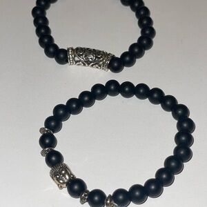 Black Beaded Bracelet Set with Silver Accents